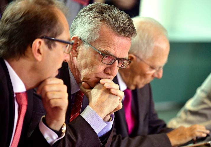 (L-R) German Transport Minister Alexander Dobrindt, German Interior minister Thomas de Maiziere and German Finance Minister Wolfgang Schaeuble look on prior to the start of the weekly cabinet meeting at the chancellory in Berlin on September 6, 2017.   / AFP PHOTO / TOBIAS SCHWARZ        (Photo credit should read TOBIAS SCHWARZ/AFP/Getty Images)