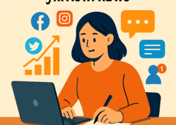 Illustrazione stilizzata di una redattrice Artista News al lavoro su laptop, circondata da icone social (Facebook, Instagram, Twitter) e grafici di crescita, con libri e fogli: simboleggia creatività e contenuti digitali