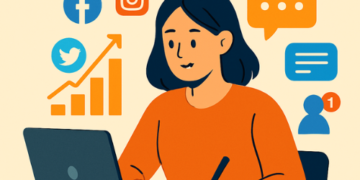 Illustrazione stilizzata di una redattrice Artista News al lavoro su laptop, circondata da icone social (Facebook, Instagram, Twitter) e grafici di crescita, con libri e fogli: simboleggia creatività e contenuti digitali