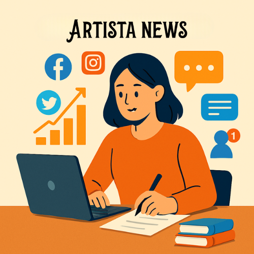 Illustrazione stilizzata di una redattrice Artista News al lavoro su laptop, circondata da icone social (Facebook, Instagram, Twitter) e grafici di crescita, con libri e fogli: simboleggia creatività e contenuti digitali