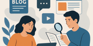 Illustrazione stilizzata di due collaboratori di Artista News al lavoro su articoli editoriali