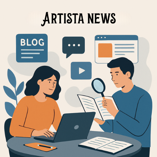 Illustrazione stilizzata di due collaboratori di Artista News al lavoro su articoli editoriali