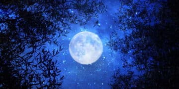 Surreal fantasy concept - full moon with stars glitter in night skies background