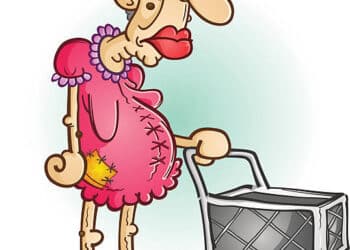 A grumpy old woman wearing sunglasses and a pink dress shopping and pushing a cart