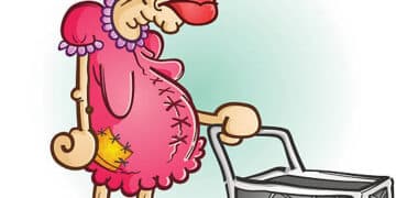 A grumpy old woman wearing sunglasses and a pink dress shopping and pushing a cart